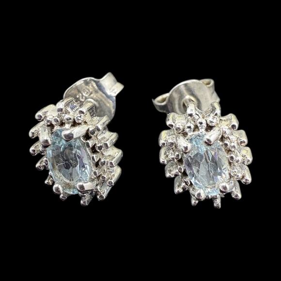 Natural Oval Blue Topaz Diamond Stud Earrings 925 Sterling Silver Butterfly Back - Picture 1 of 4